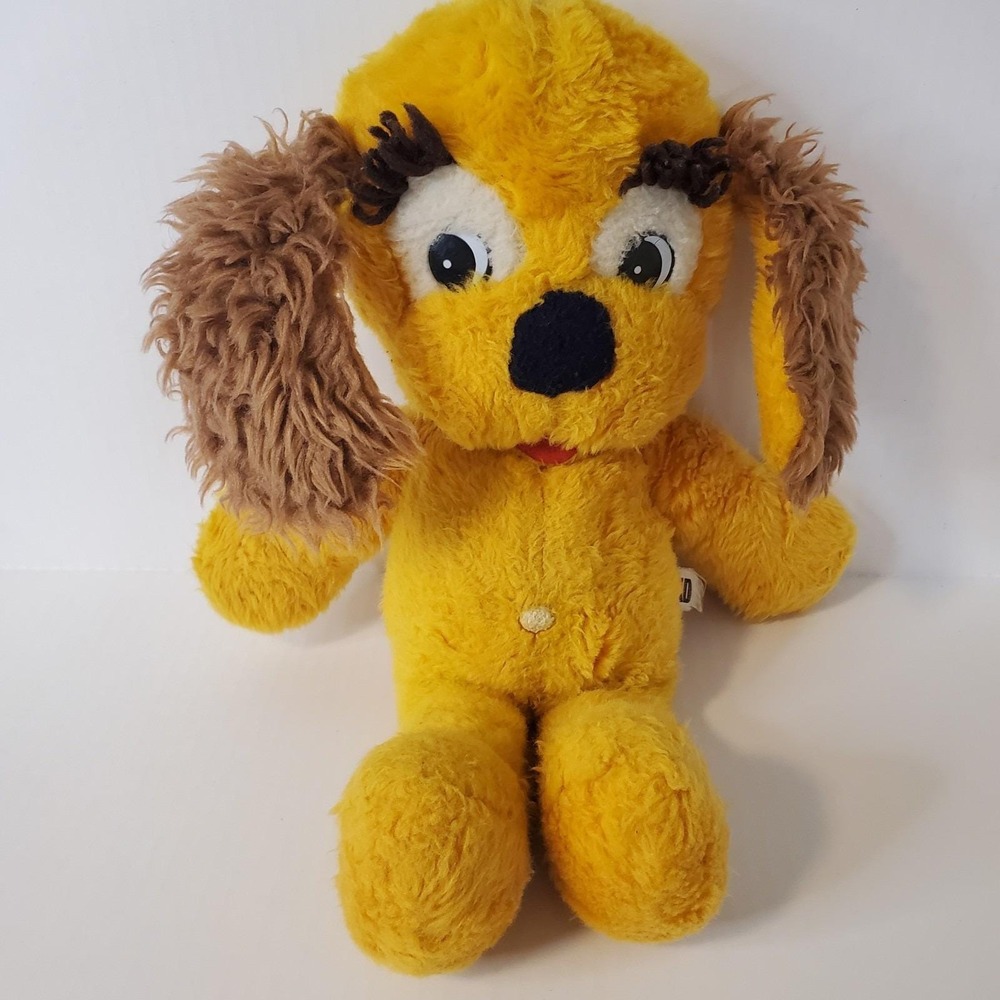 VTG Gund Orange Puppy Dog Plush W/ Brown Shaggy Ears Yarn Eyelashes Belly Button